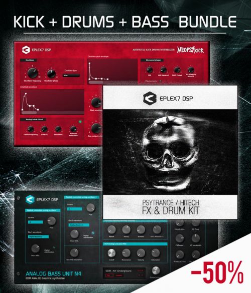 Kick + drums + bass bundle: Neopsy kick plugin + Analog Bass Unit plugin + FX & Drum kit