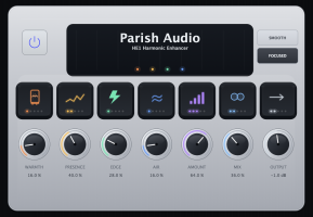 Parish Audio HE1 Harmonic Enhancer plugin interface featuring harmonic enhancement controls including Warmth, Presence, Edge, Air, Amount, Mix, and Output.